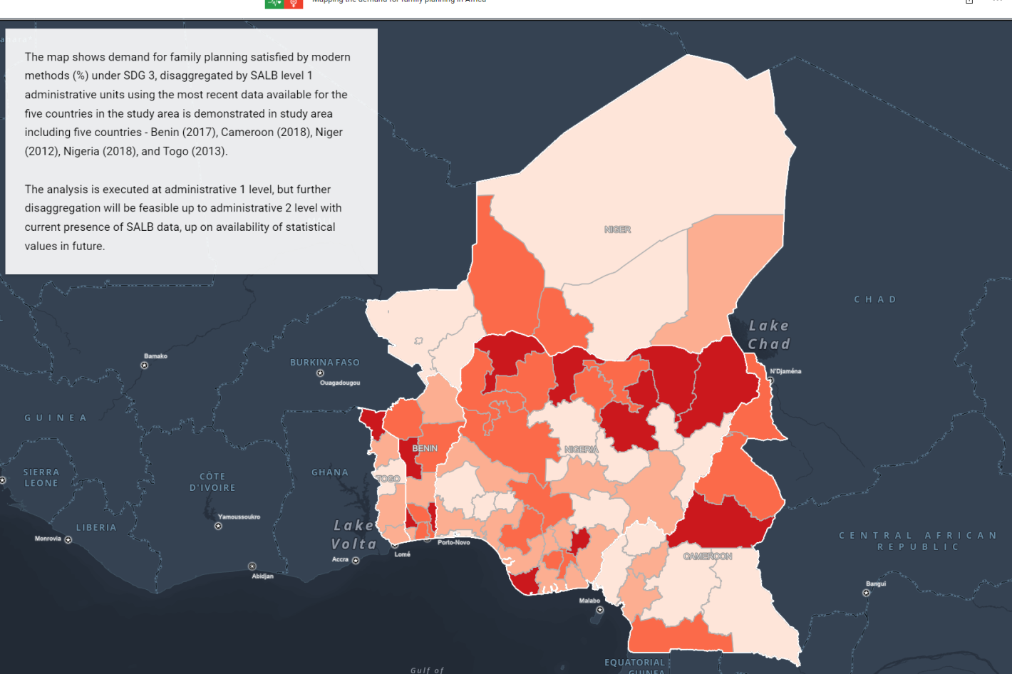 Map of Central and Western Africa on Family planning demand 2012-2018